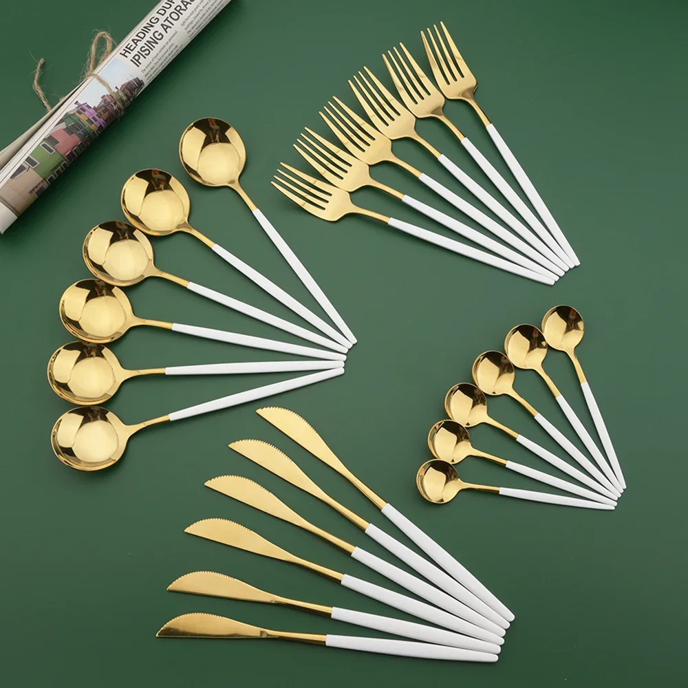 Gold Plated Cutlery - طقم أدوات مائدة 16/24/32/48 قطعة أبيض