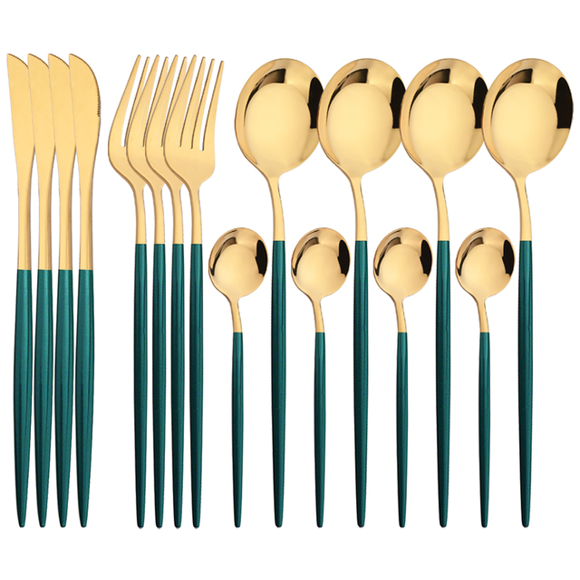 Gold Plated Cutlery - 16 قطعة أواني الطعام الذهب الأخضر
